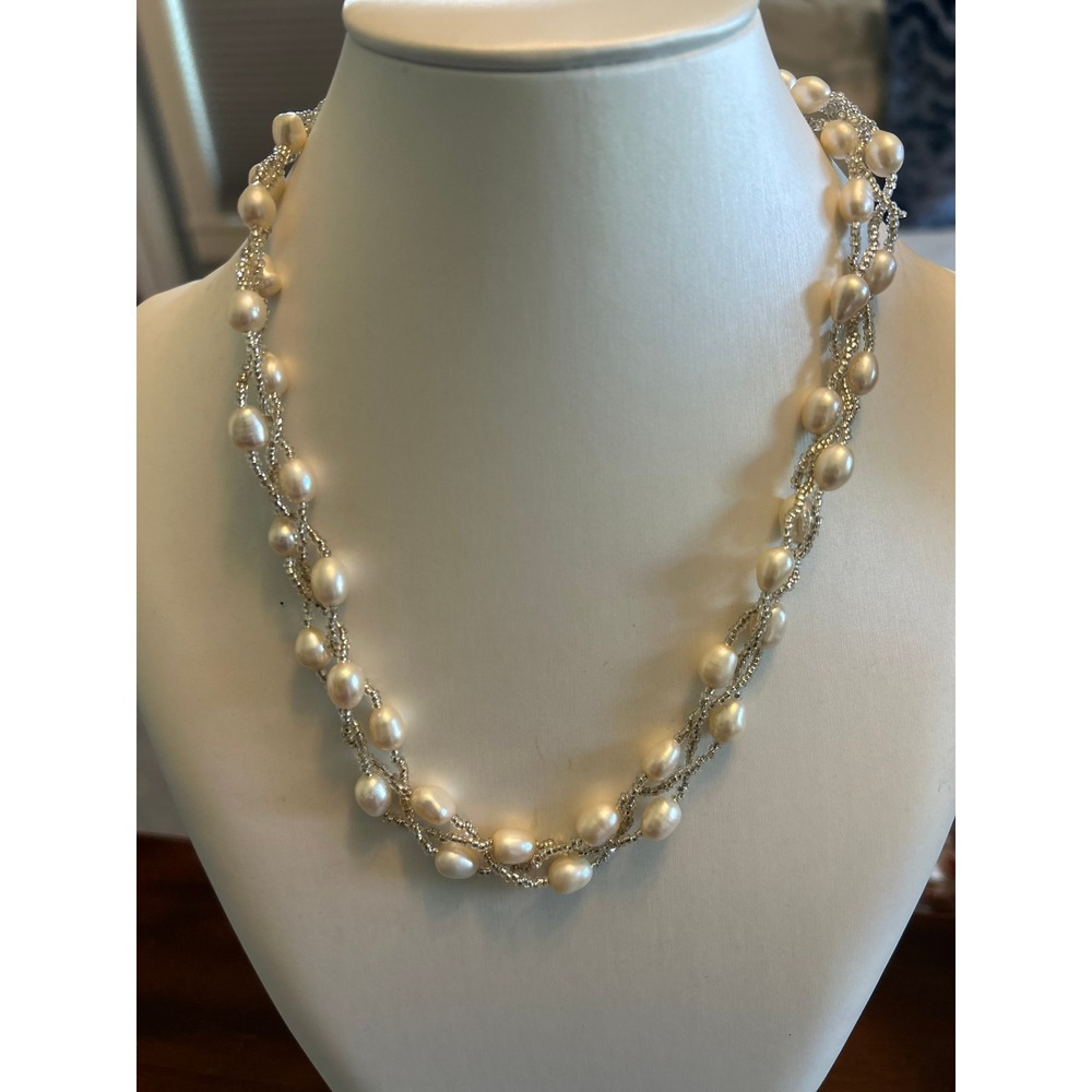 Genuine Freshwater Pearl Necklace & Bracelet Set 3-Strand Cream Ivory 18"